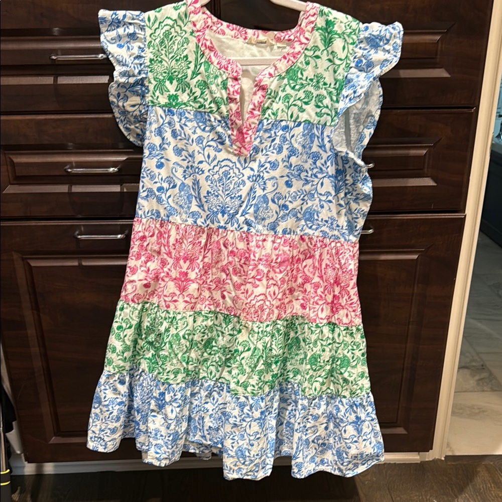 Roller Rabbit Blue and White Ruffled Tiered Casual Dress